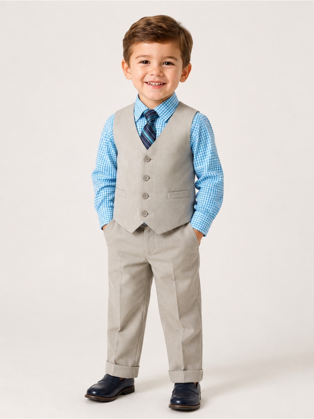 NWT Nautica Boys 4T 4-Piece Khaki Vest Pants Shirt & Tie Dress Set